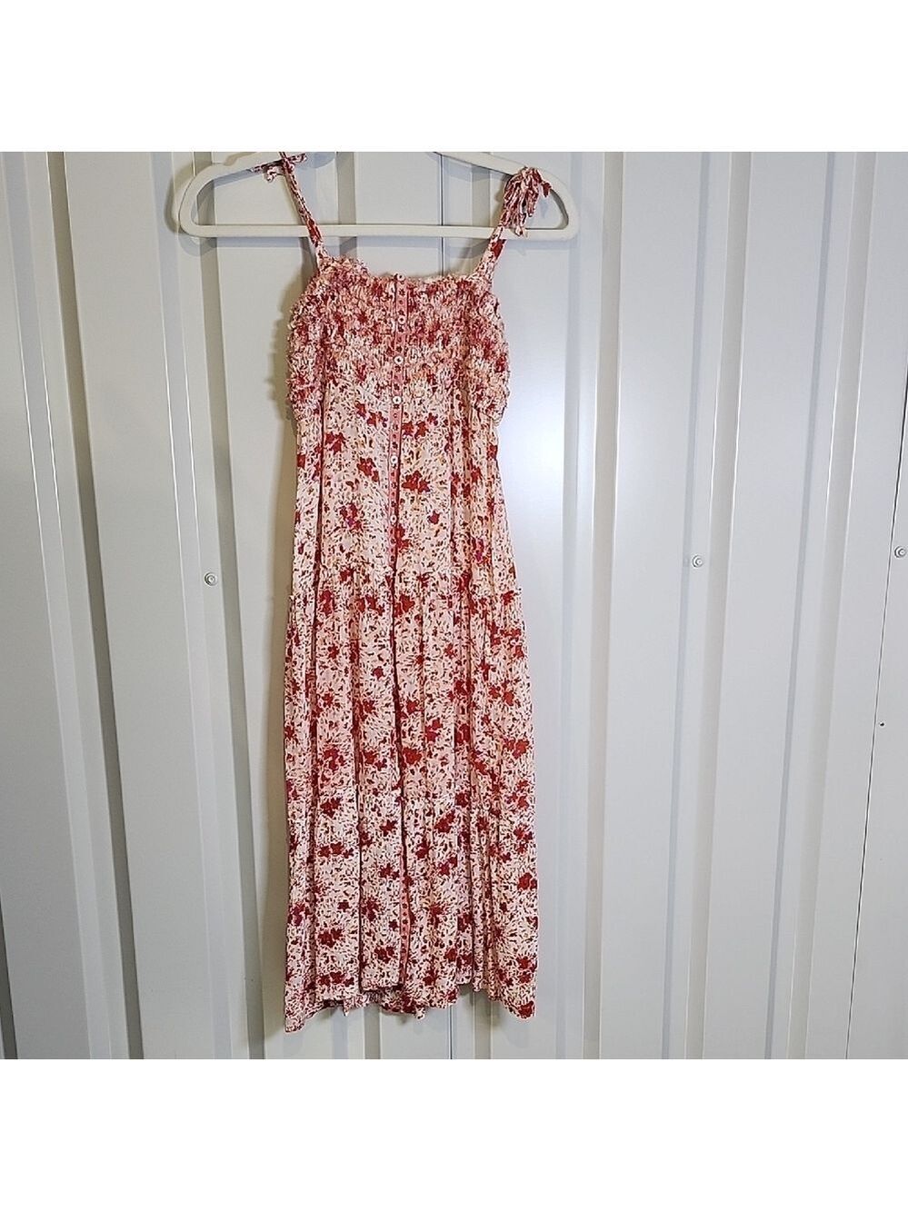 Poupette St. Barth Girls Floral Print Red, Pink, White Smocked Strappy Dress XL